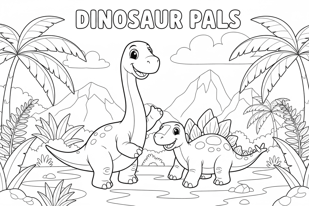 선사 시대 풍경에서 함께 서 있는 친근하고 웃는 두 공룡(브론토사우루스와 스테고사우루스) 색칠공부 도안.