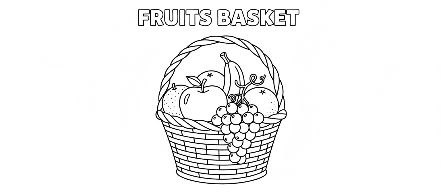 다양한 과일이 가득 담긴 바구니의 교육용 색칠공부 도안입니다.
