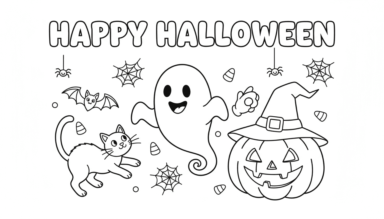 친근한 유령, 조각된 호박, 마녀 모자, 검은 고양이가 장난스럽게 모여있는 귀엽고 으스스한 할로윈 색칠공부 도안.