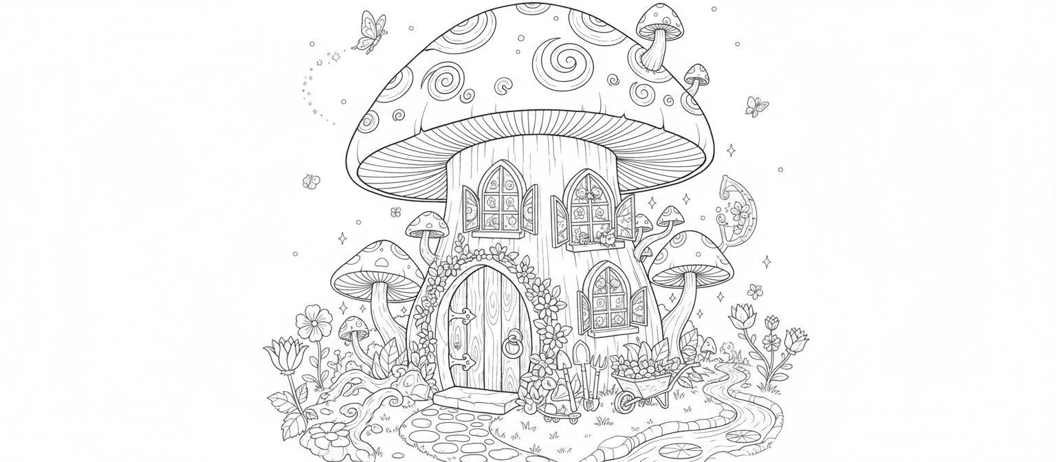 자연 요소와 작은 정원 도구가 가미된 기발한 버섯 요정 집의 색칠공부 도안.