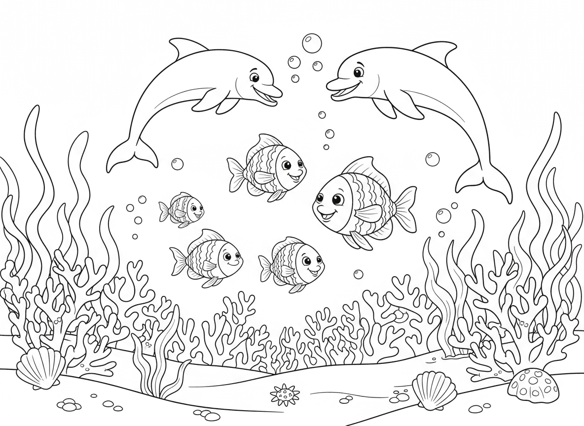물고기, 돌고래, 산호, 해초가 있는 간단한 만화 스타일의 수중 풍경 색칠공부 도안.