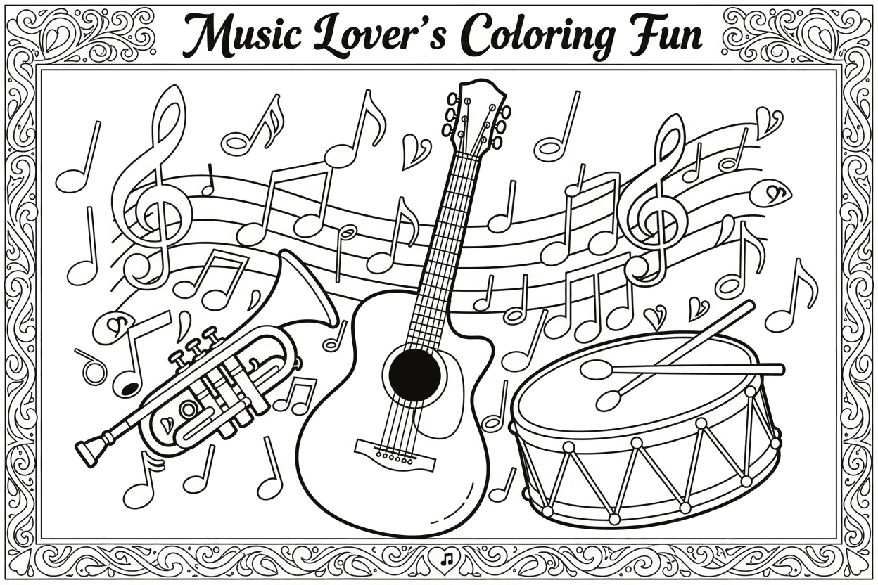 간단한 배경에 어쿠스틱 기타, 트럼펫, 드럼, 음표가 있는 악기 색칠공부 도안.