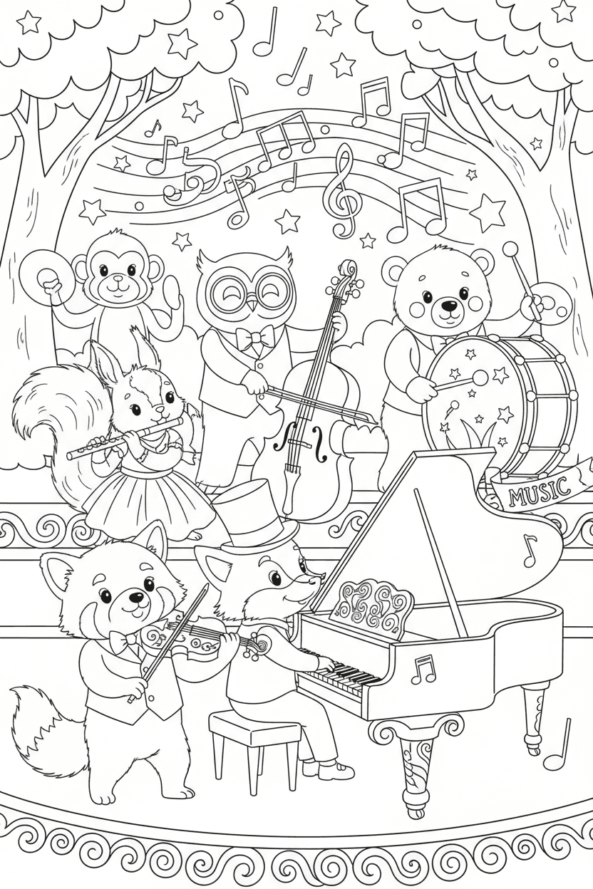 바이올린, 피아노, 트럼펫 등 악기를 연주하는 귀여운 동물 오케스트라의 색칠공부 도안입니다.