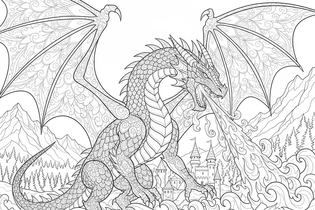 불을 뿜는 강력한 용의 색칠공부 도안, 상세한 비늘과 날개를 가지고 있습니다.