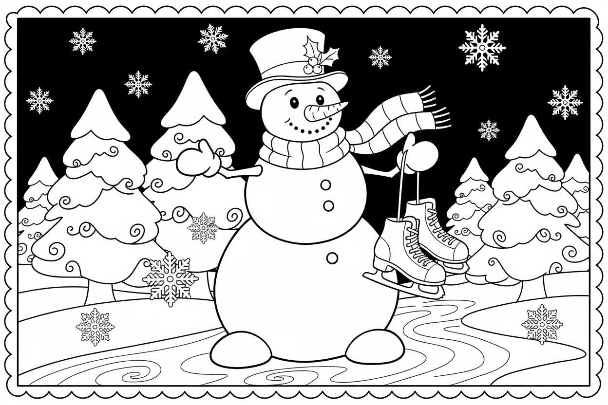 눈사람, 눈송이, 소나무, 스케이트가 있는 겨울 풍경 색칠공부 도안, 축제 분위기.