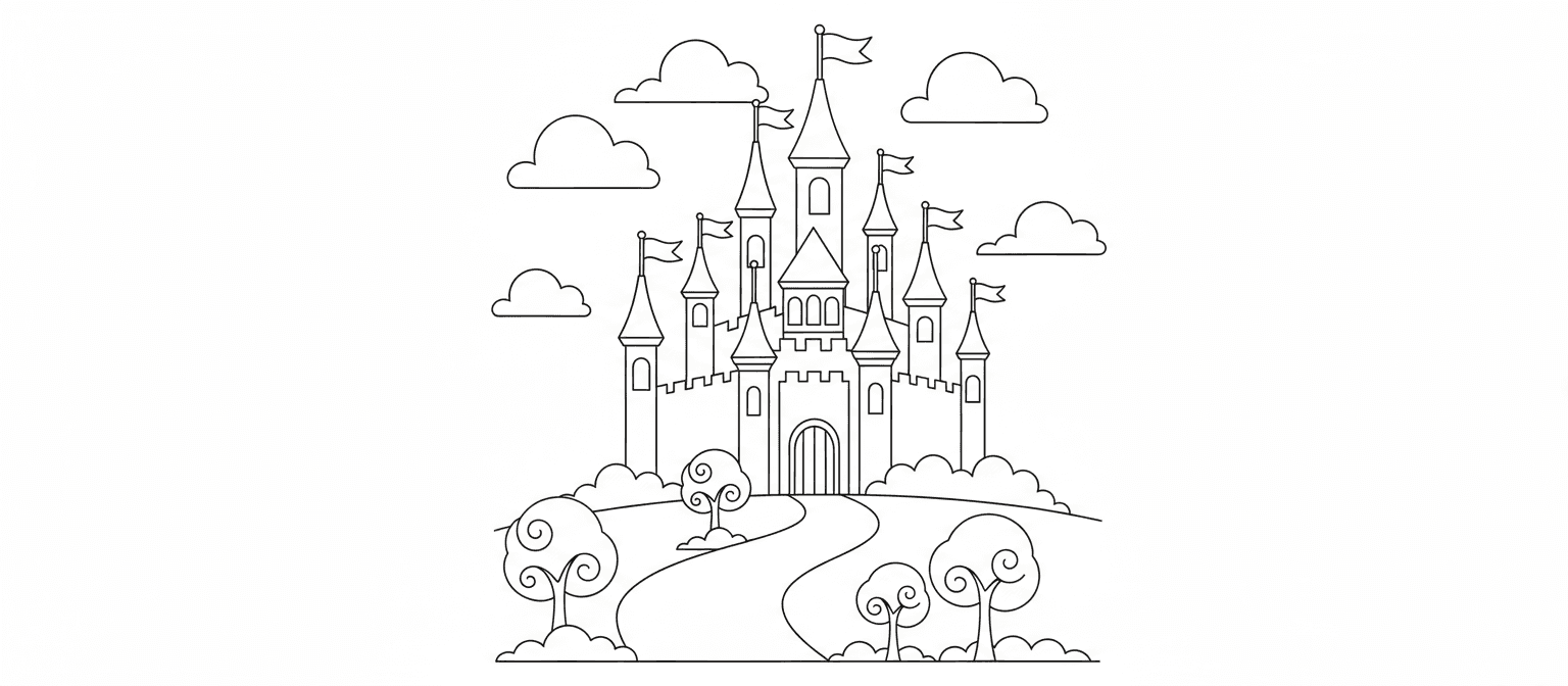 탑과 깃발, 구불구불한 길을 가진 정교한 동화 속 성의 색칠공부 도안. 나무와 구름에 둘러싸여 있습니다.