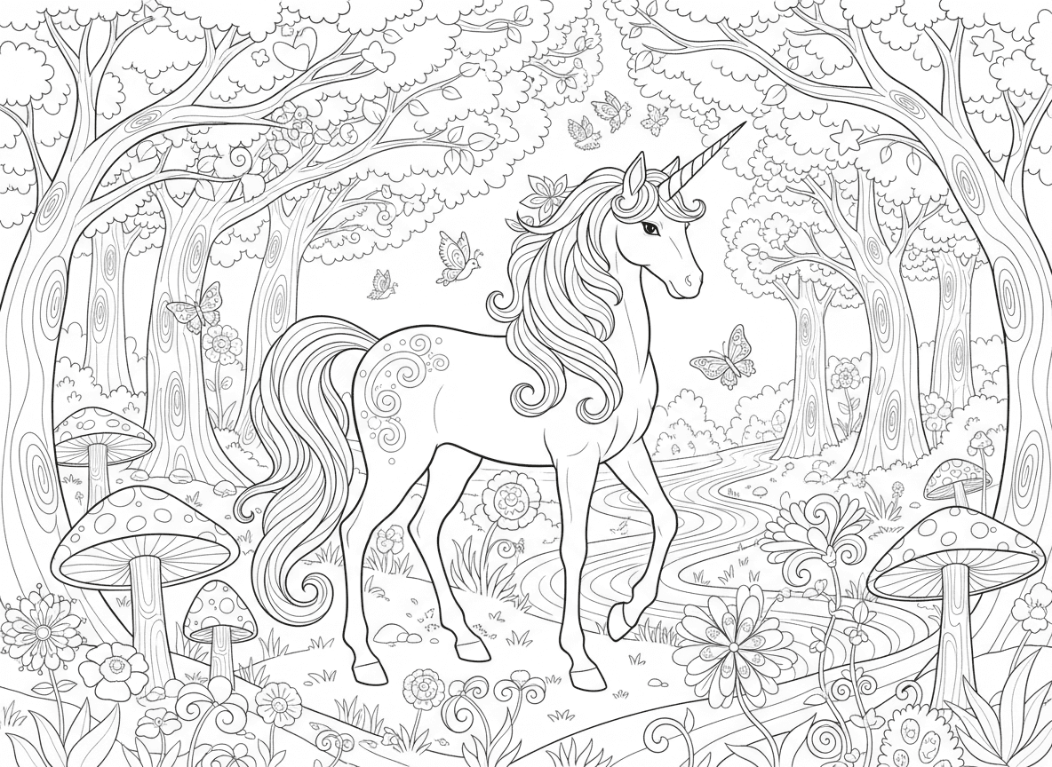 신비로운 숲에 서 있는 마법의 유니콘 색칠공부 도안, 색칠할 준비가 된 검은색 윤곽선입니다.