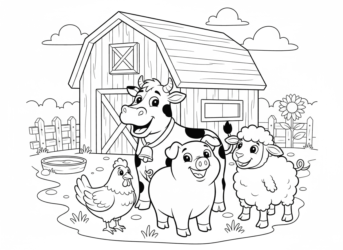 외양간에서 행복한 농장 동물들 (소, 돼지, 닭, 양)의 색칠공부 도안입니다.