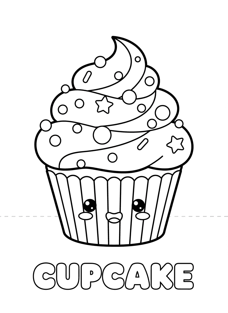 프로스팅과 스프링클이 있는 컵케이크의 간단하고 귀여운 색칠공부 도안, 미취학 아동용.