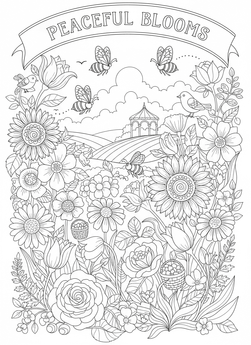 다양한 꽃, 나비, 벌이 있는 꽃밭의 색칠공부 도안, 식물학적 스타일, 평화로운.