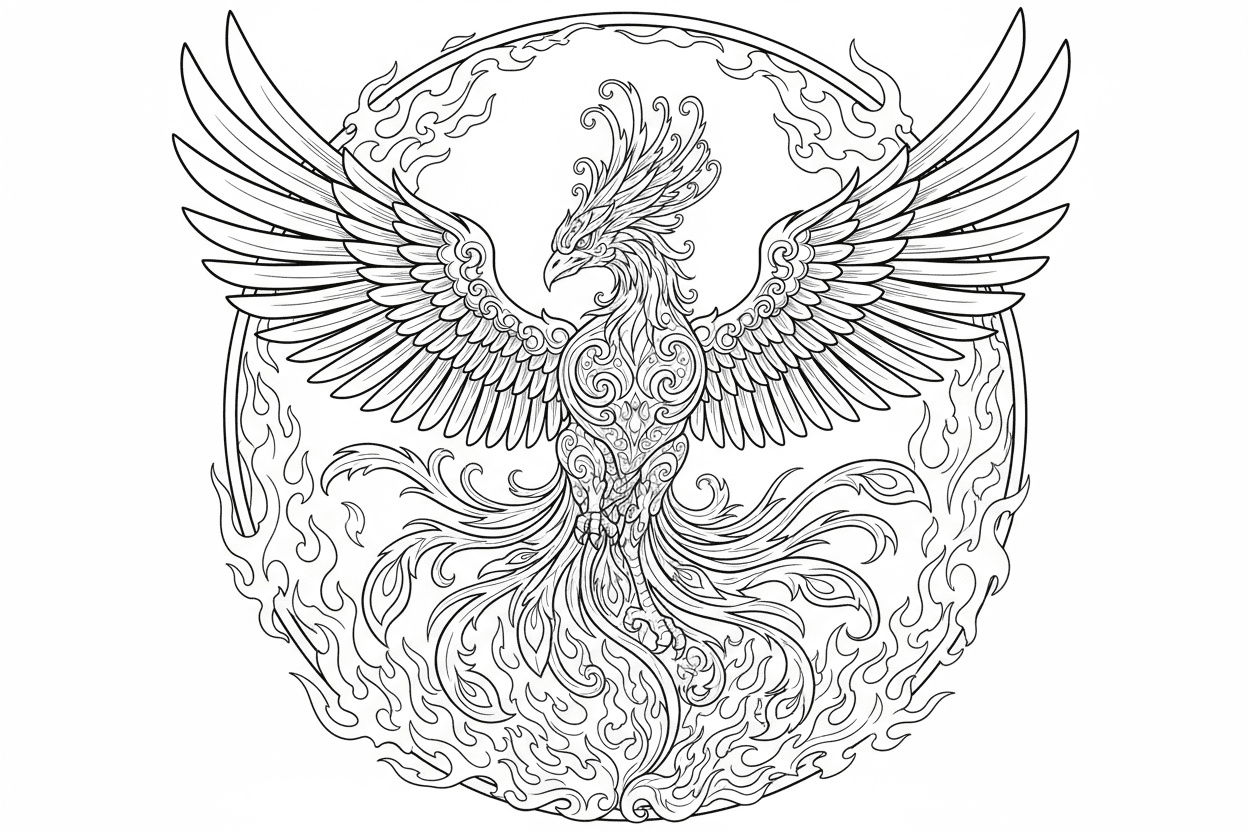 불꽃에서 솟아오르는 장엄한 불사조의 색칠공부 도안입니다.