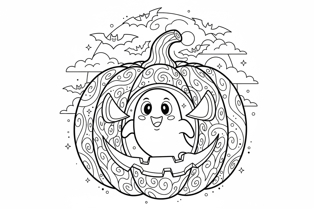 친근한 유령과 함께 있는 할로윈 호박과 배경의 박쥐의 색칠공부 도안, 장난스러운.