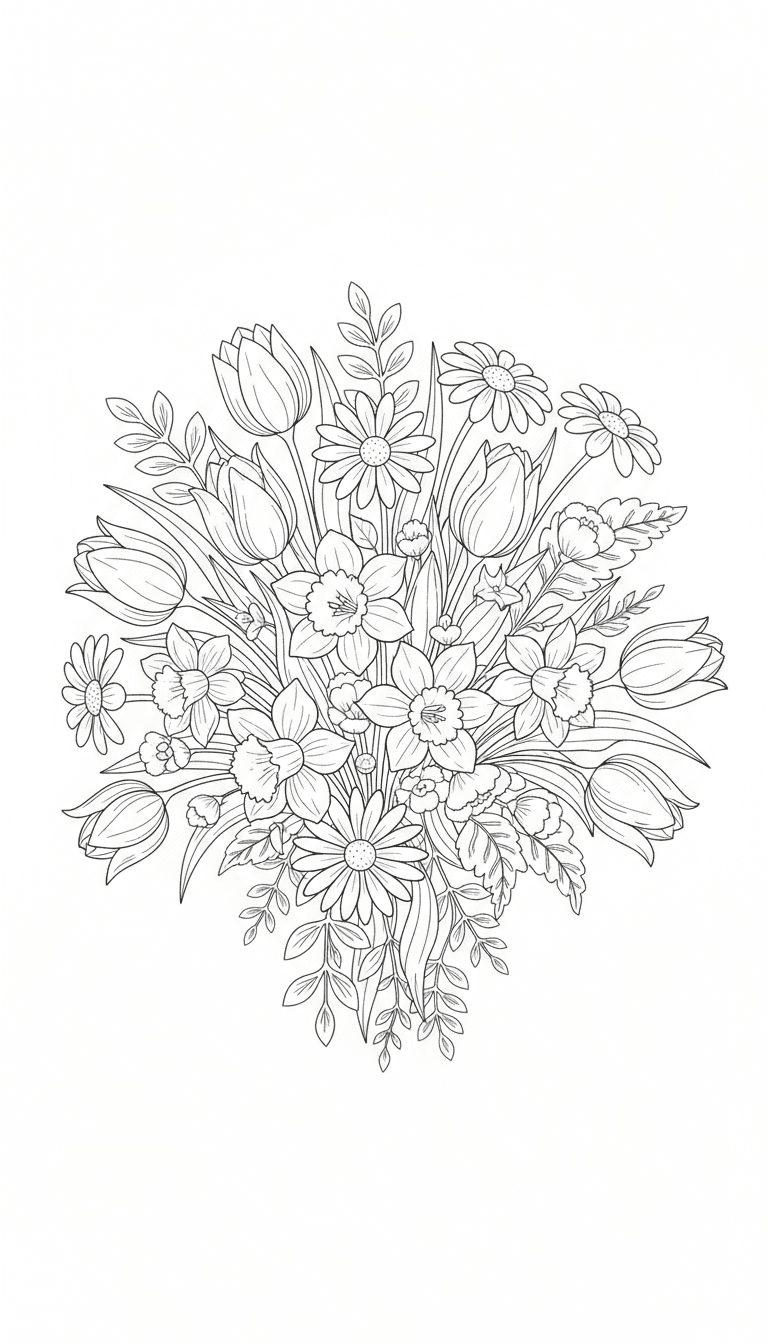 튤립, 수선화, 데이지와 같은 다양한 봄꽃으로 이루어진 아름다운 꽃다발 색칠공부 도안.