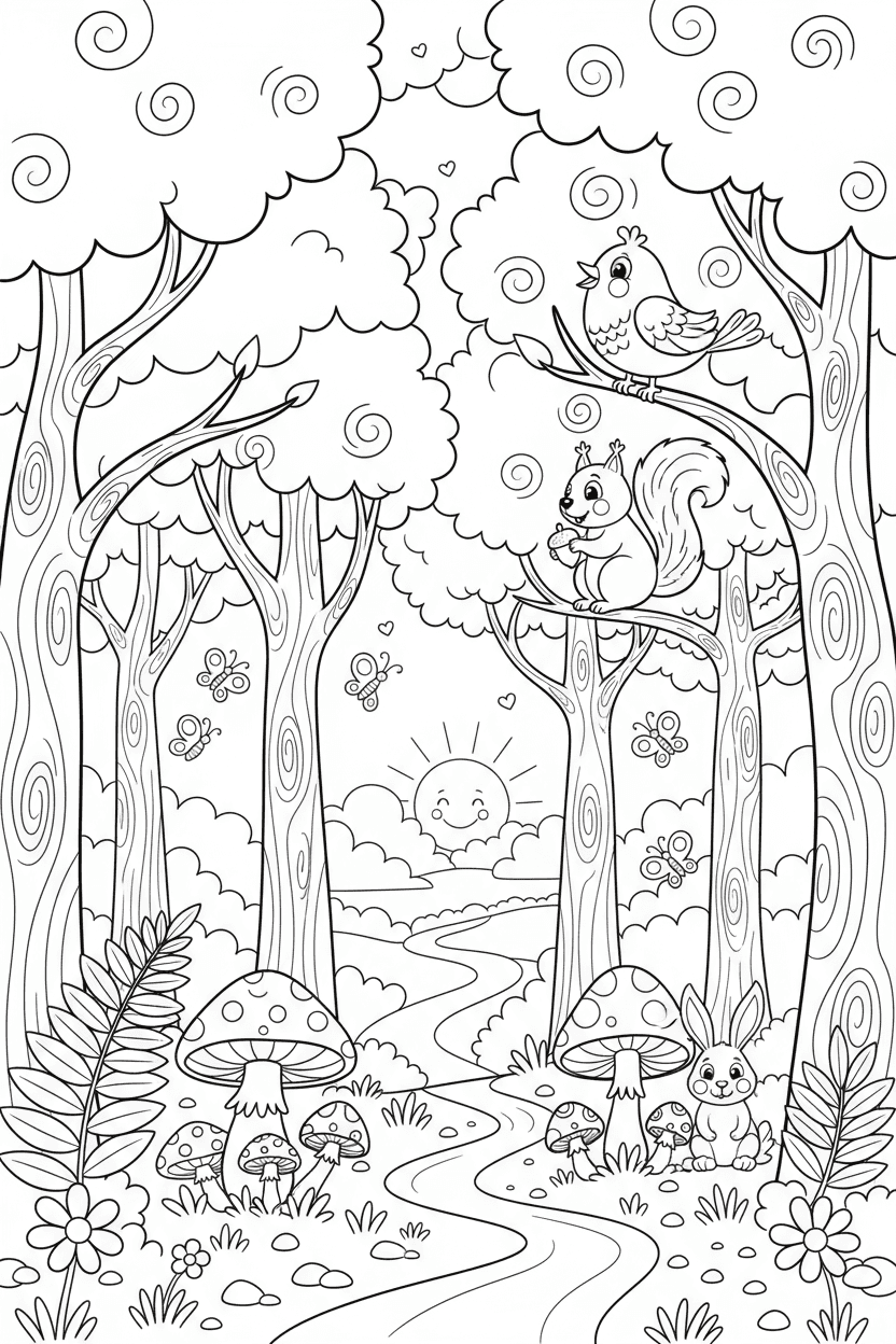 나무, 버섯, 작은 동물들이 있는 숲 풍경 색칠공부 도안, 굵은 선, 만화 스타일.