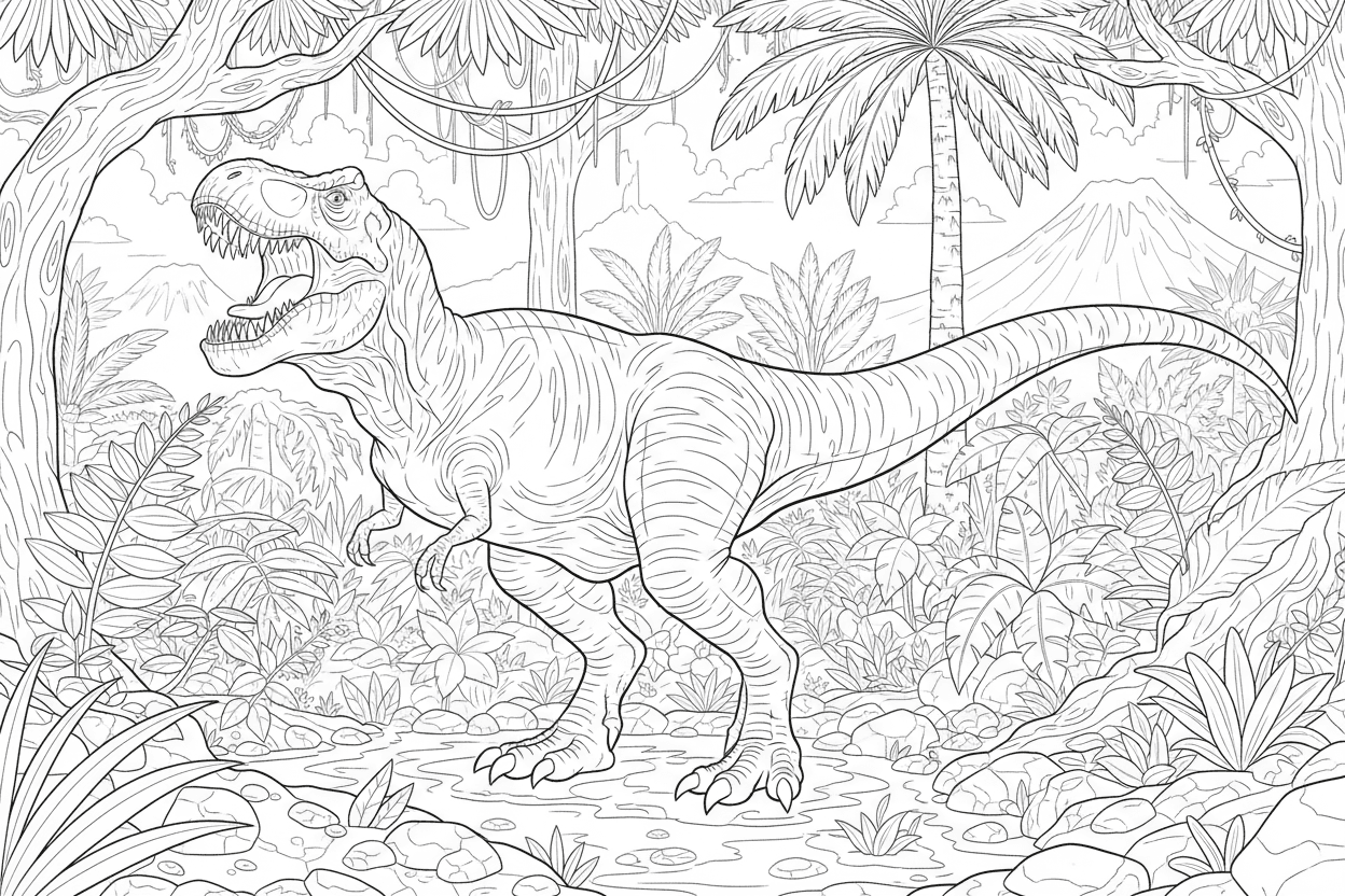 울창한 선사 시대 정글을 배경으로 포효하는 티라노사우루스 공룡의 색칠공부 도안.