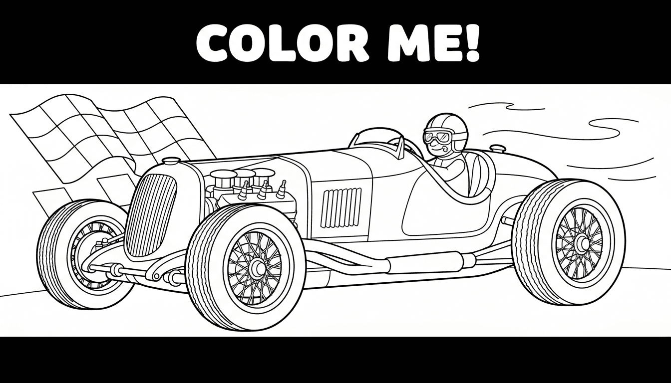 세부적인 빈티지 레이싱 자동차의 색칠공부 도안, 아이들을 위한 검은색 선화입니다.