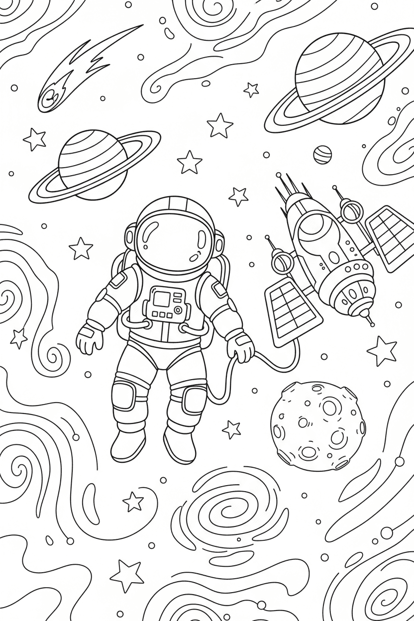 우주선 근처를 떠다니는 우주비행사, 행성과 별이 있는 우주 모험 색칠공부 도안입니다.