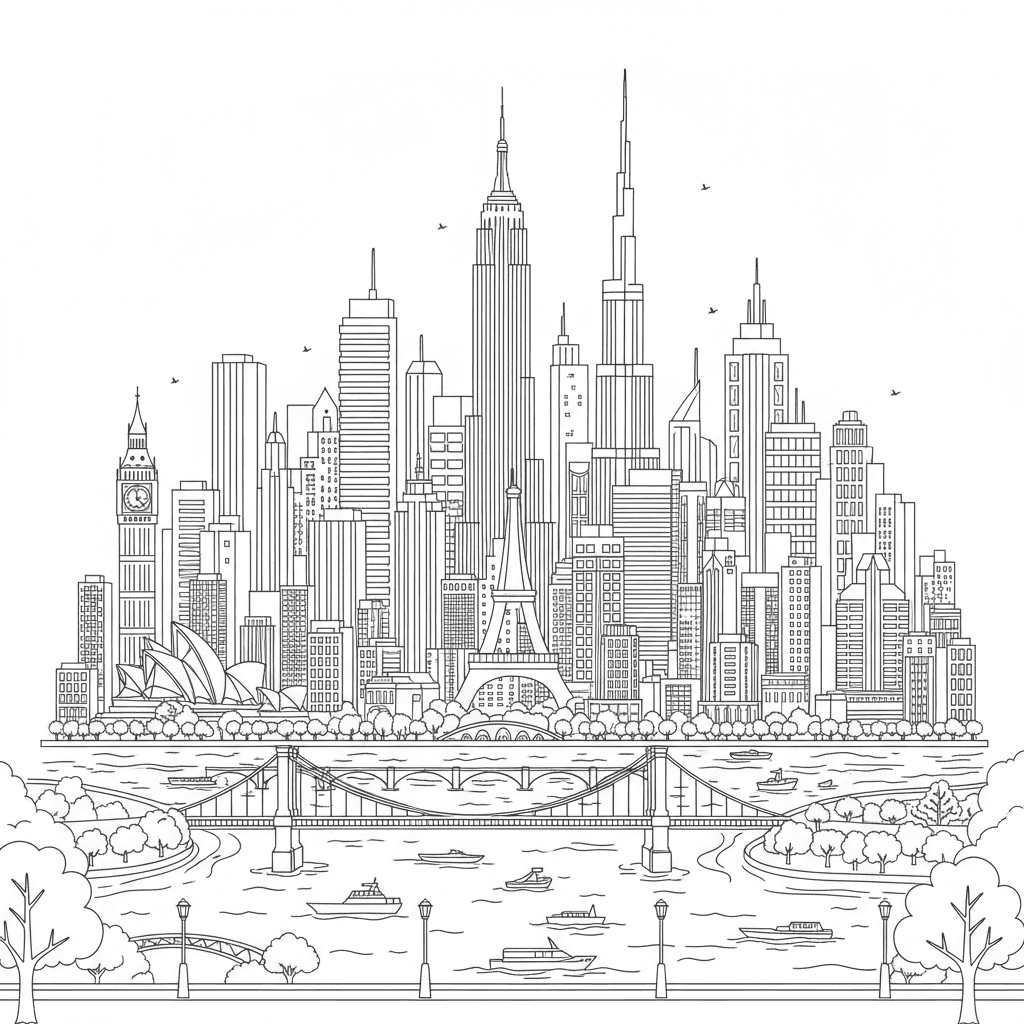 유명한 건물, 다리, 강이 있는 상세한 도시 스카이라인 색칠공부 도안.