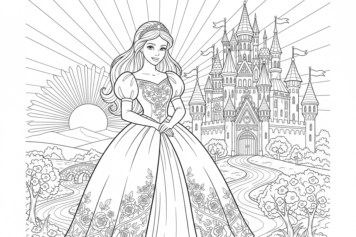 웅장하고 섬세한 성 앞에 서 있는 공주의 색칠공부 도안, 이야기책 스타일.