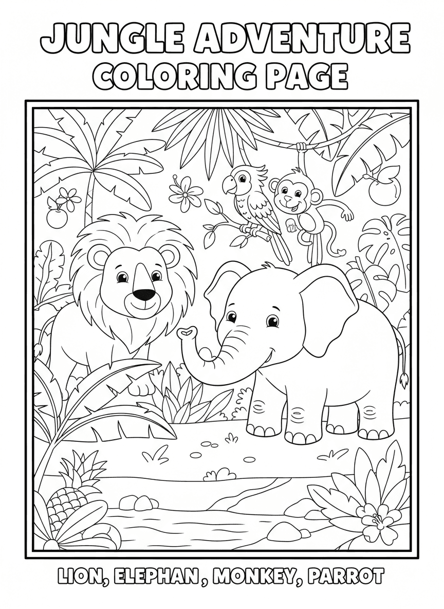 사자, 코끼리, 원숭이, 앵무새가 열대 식물 속에 있는 정글 동물 색칠공부 도안, 아이들을 위한 것입니다.