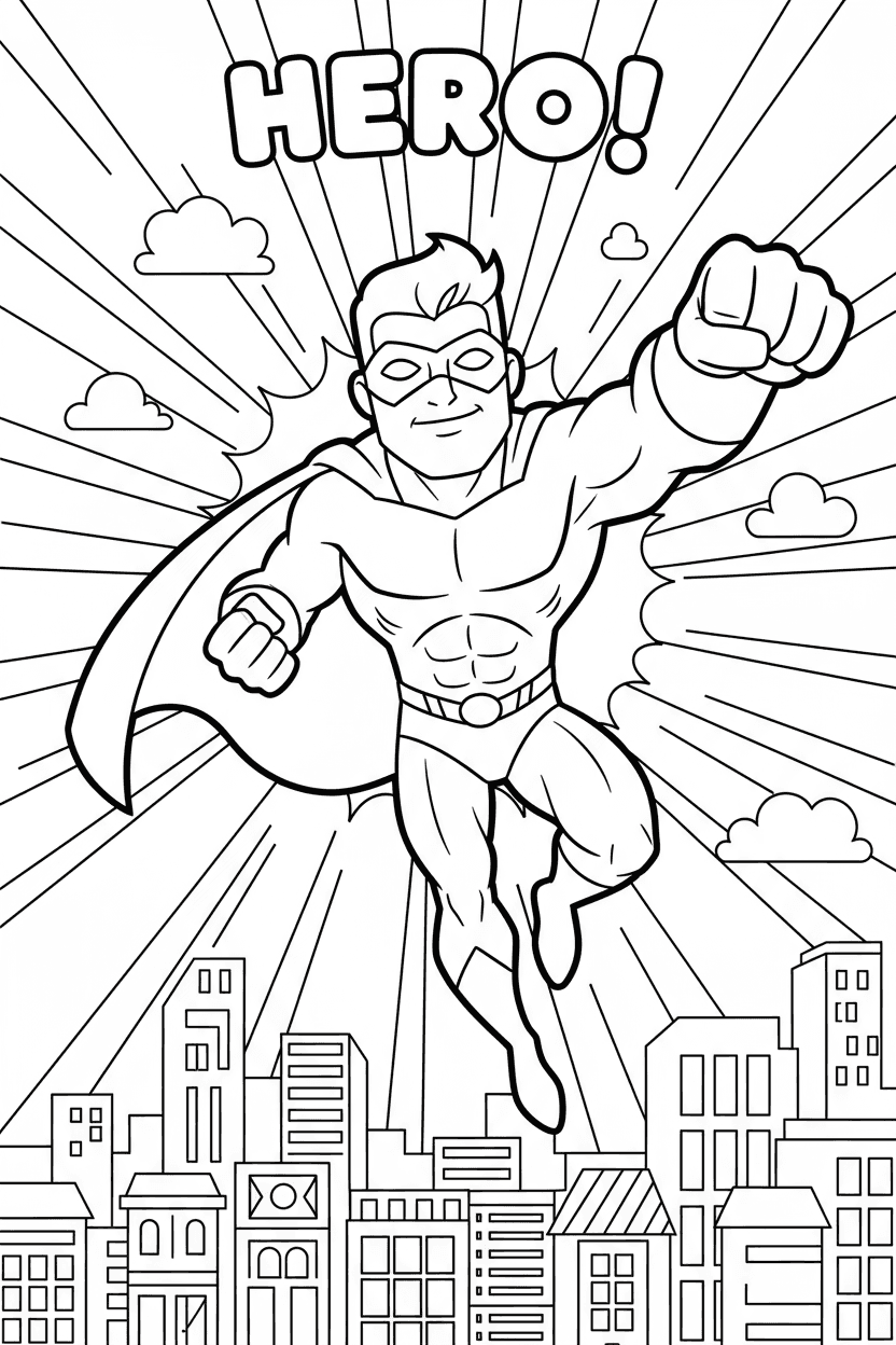 하늘을 나는 슈퍼히어로 캐릭터의 색칠공부 도안, 굵은 선화, 도시 배경.