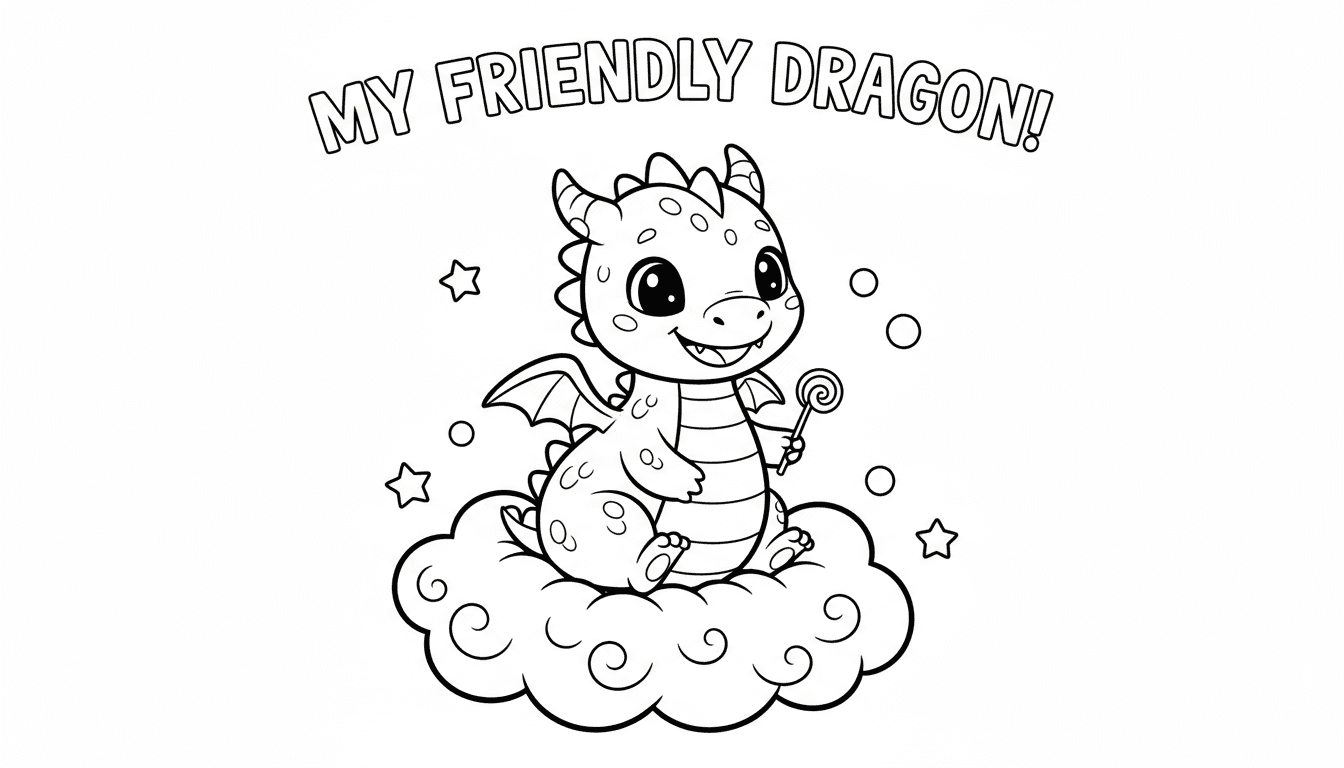 큰 눈과 작은 날개를 가진 친근하고 장난기 넘치는 만화 스타일 드래곤이 구름 위에 앉아있는 색칠공부 도안.