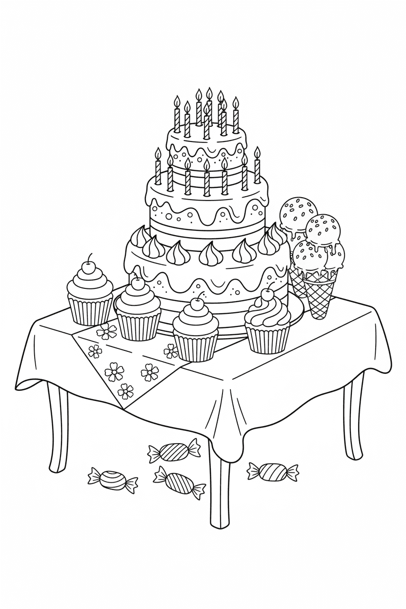 촛불이 꽂힌 층 케이크, 컵케이크, 아이스크림 콘이 테이블에 있는 맛있는 디저트 색칠공부 도안.