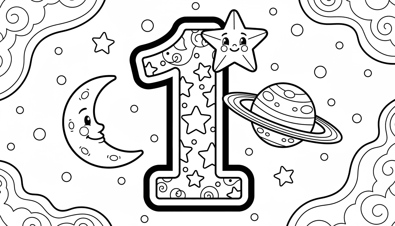 큰 숫자 '1'과 별, 달, 행성이 있는 숫자 색칠공부 도안, 우주 테마.