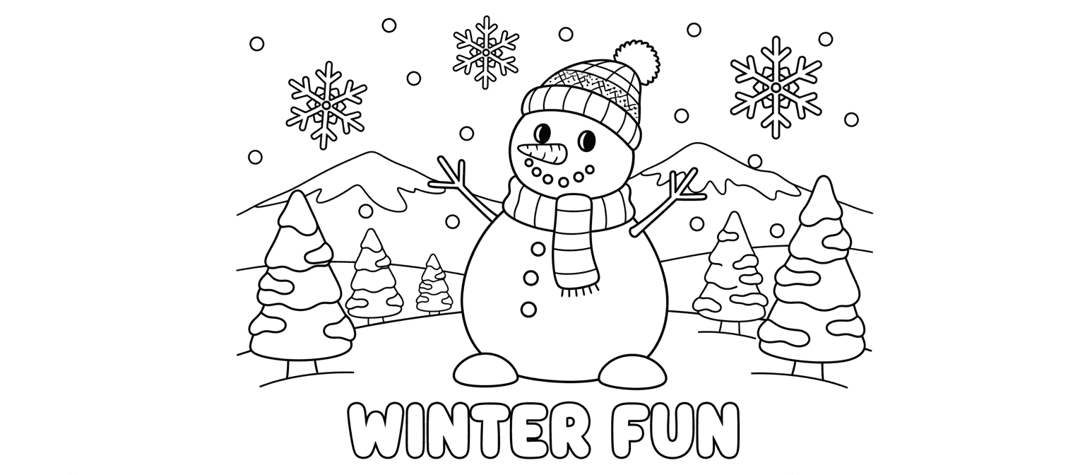목도리와 모자를 쓴 매력적인 눈사람이 눈 내리는 풍경에 서 있는 귀여운 겨울왕국 색칠공부 도안.