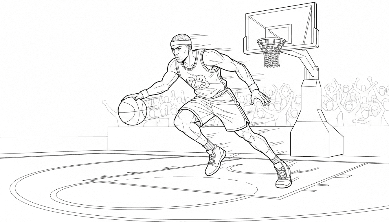 농구공을 드리블하는 농구선수의 역동적인 포즈 색칠공부 도안, 코트와 골대가 배경에 있음.