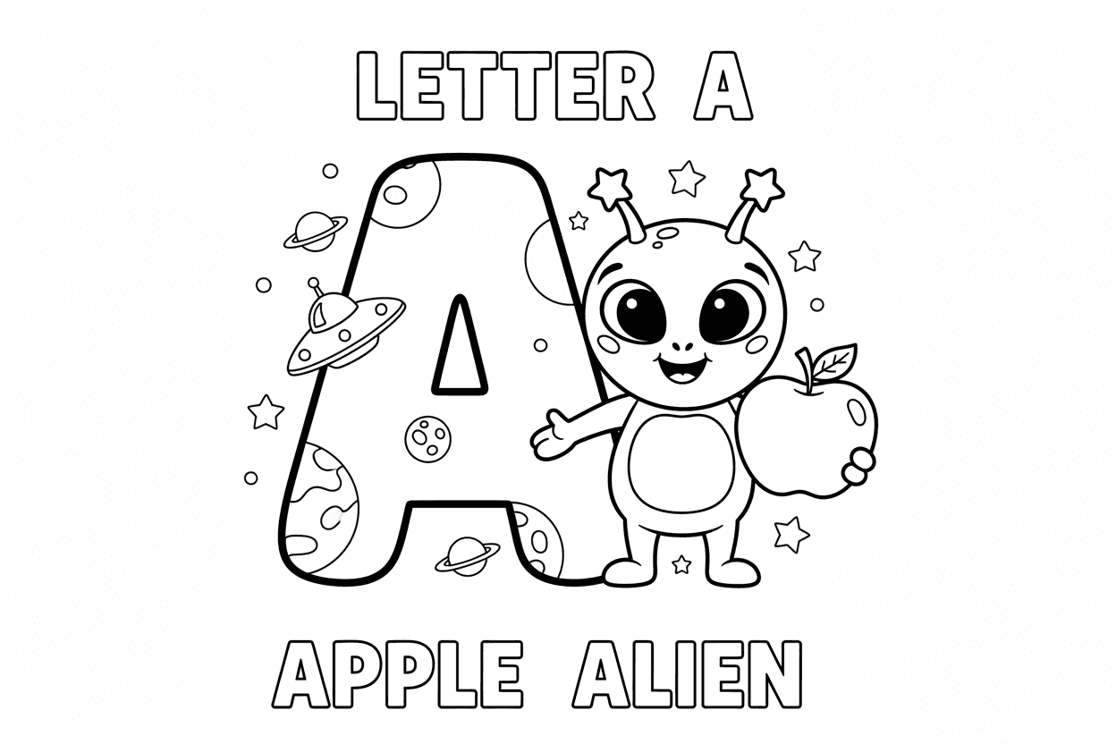 외계인이 사과를 들고 있는 알파벳 'A' 교육용 색칠도안.