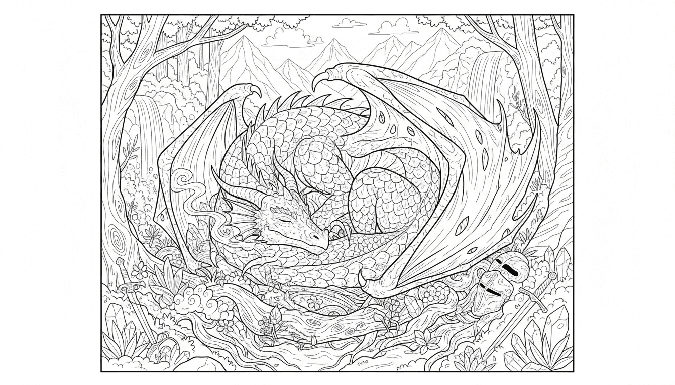 비늘과 날개가 있는 잠자는 환상의 용 색칠도안.