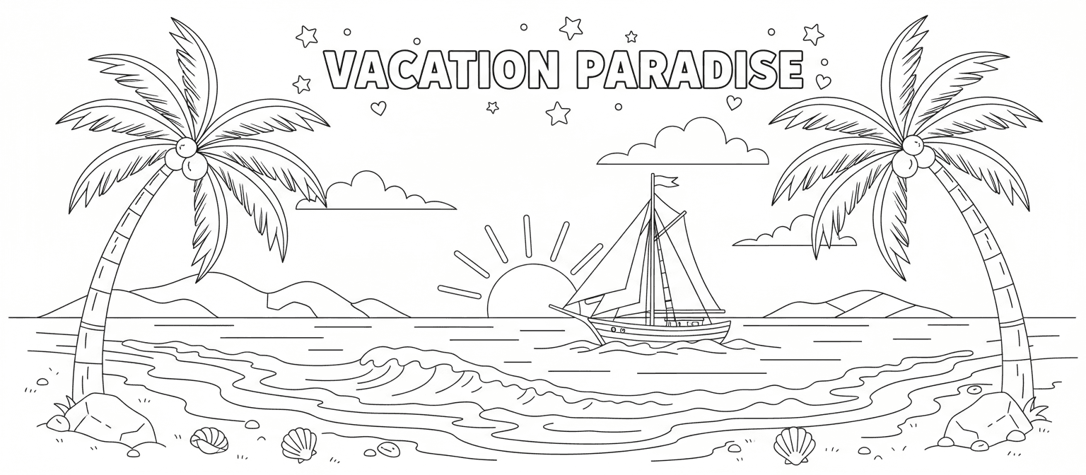 야자수, 파도, 돛단배가 있는 열대 해변의 휴가 테마 색칠도안.