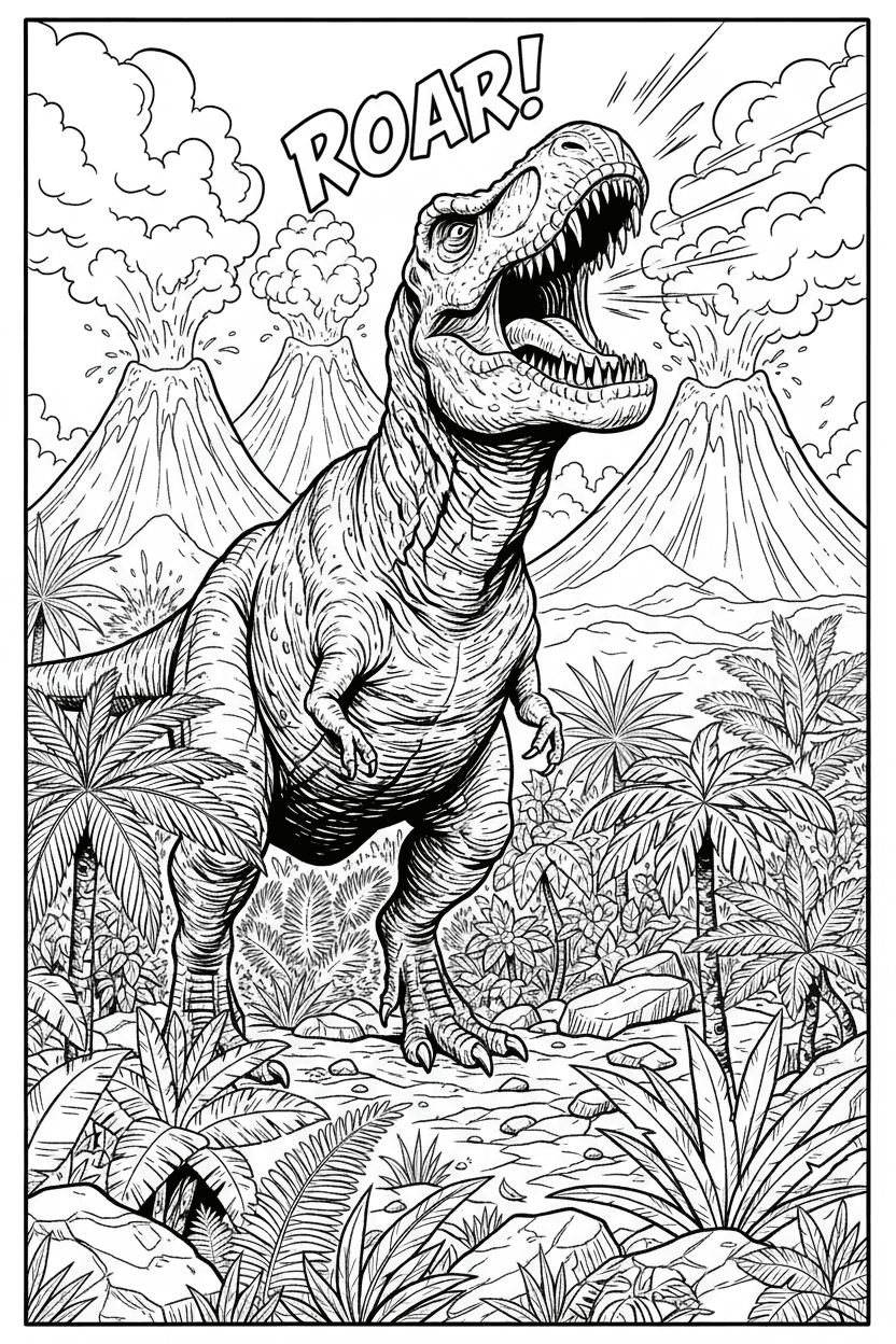 선사 시대 풍경에서 포효하는 공룡의 만화책 스타일 색칠도안.