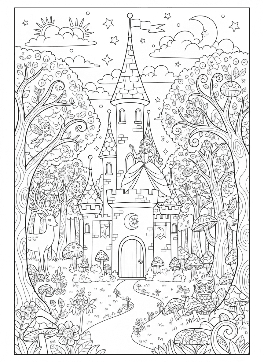마법의 숲에 둘러싸인 공주와 성을 주제로 한 동화 색칠도안.