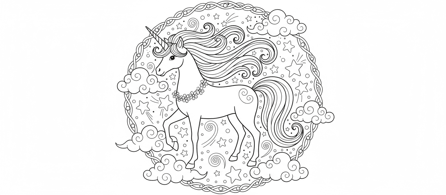 별과 구름에 둘러싸인, 환상적인 갈기 유니콘의 색칠도안.