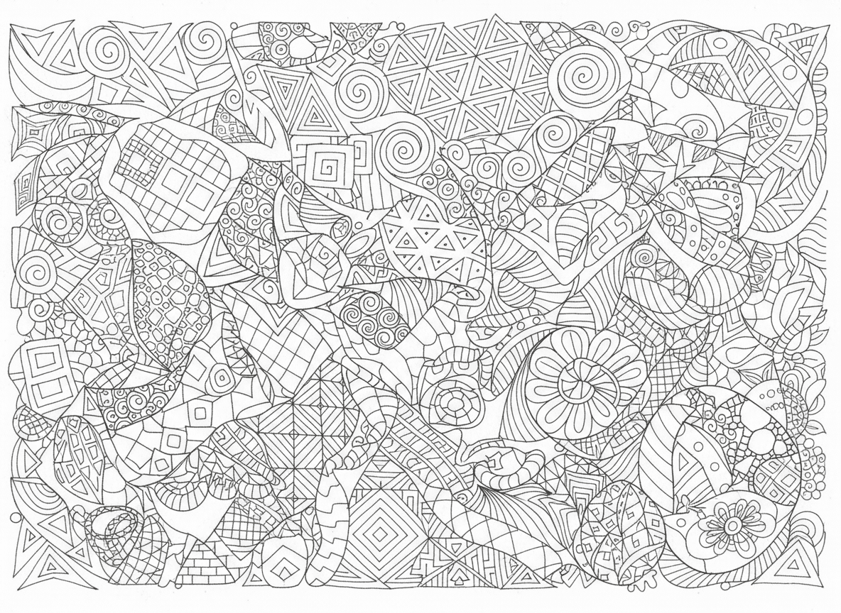 다양한 모양을 채운 추상적이고 반복적인 패턴의 젠탱글 색칠도안.