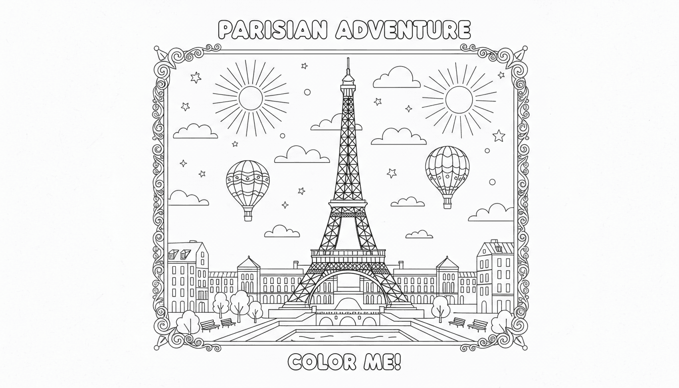 풍경과 함께 에펠탑과 같은 유명 랜드마크의 건축적 색칠도안.