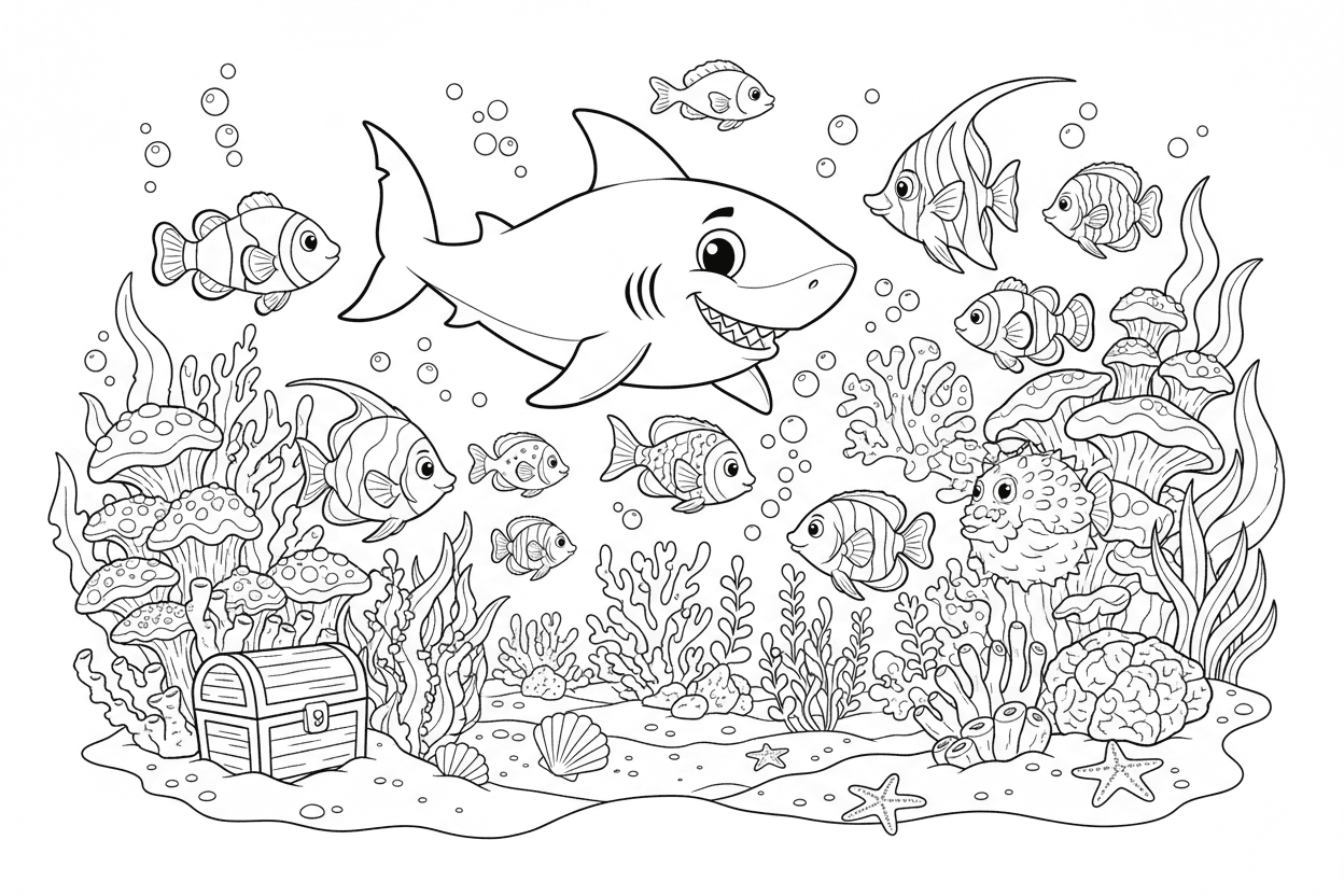 물고기, 산호, 상어가 있는 대담한 선의 바닷속 풍경 색칠도안.