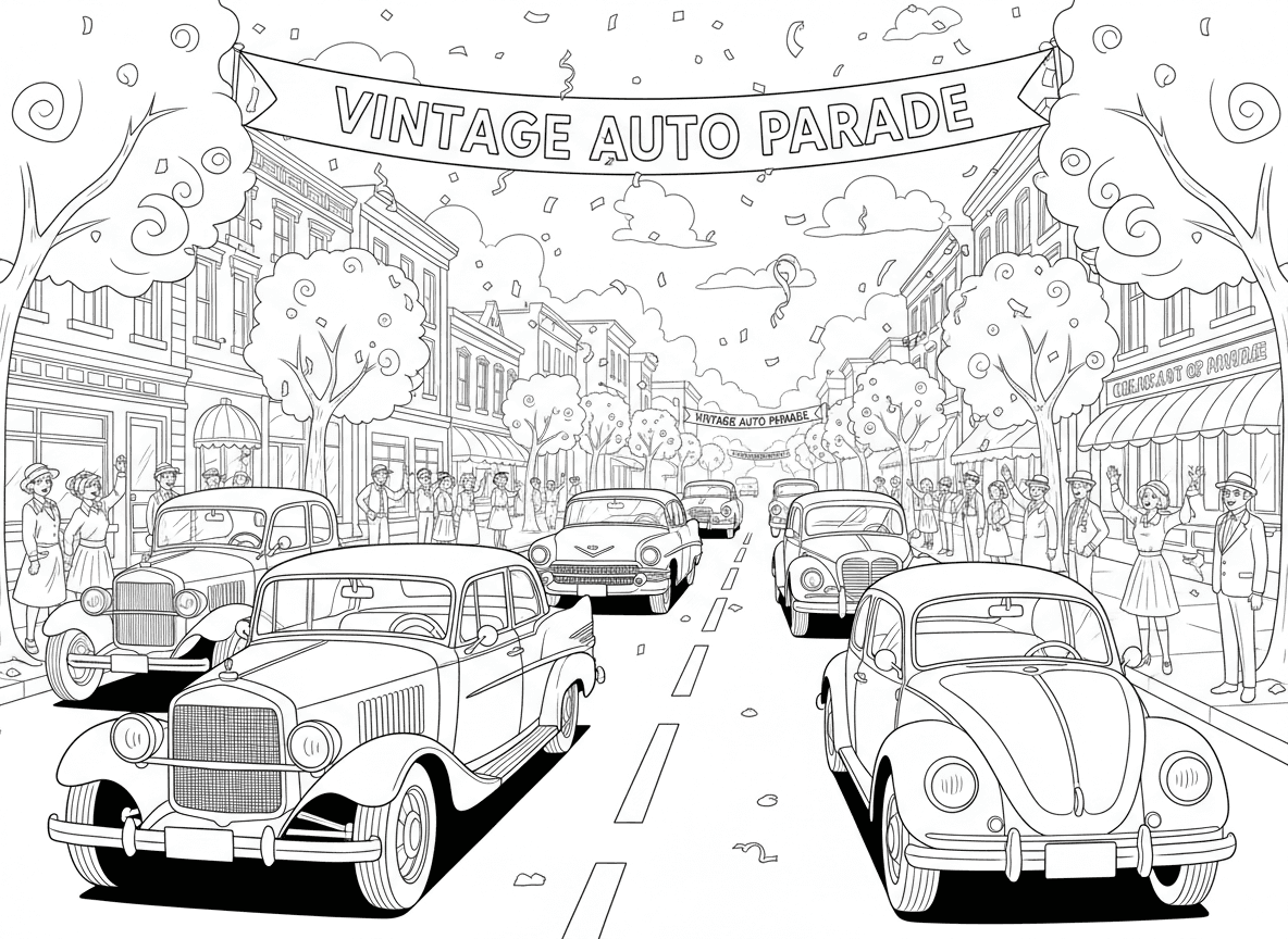 고전 자동차들이 거리를 달리는 복고풍 색칠도안.