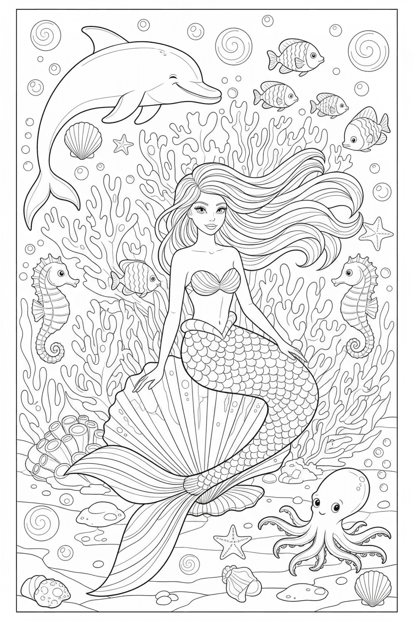 해양 생물과 조개껍데기가 있는 수중 인어의 우아한 색칠도안.
