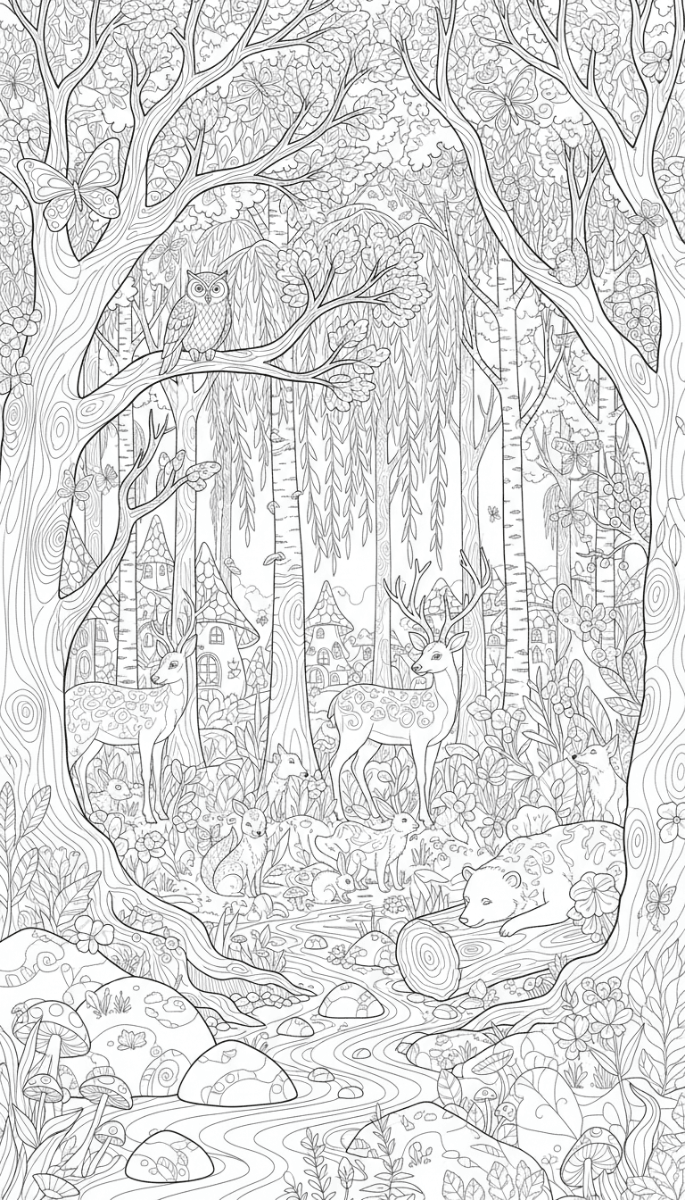 동물들이 숨어있는 섬세한 숲 풍경의 선화 색칠도안.