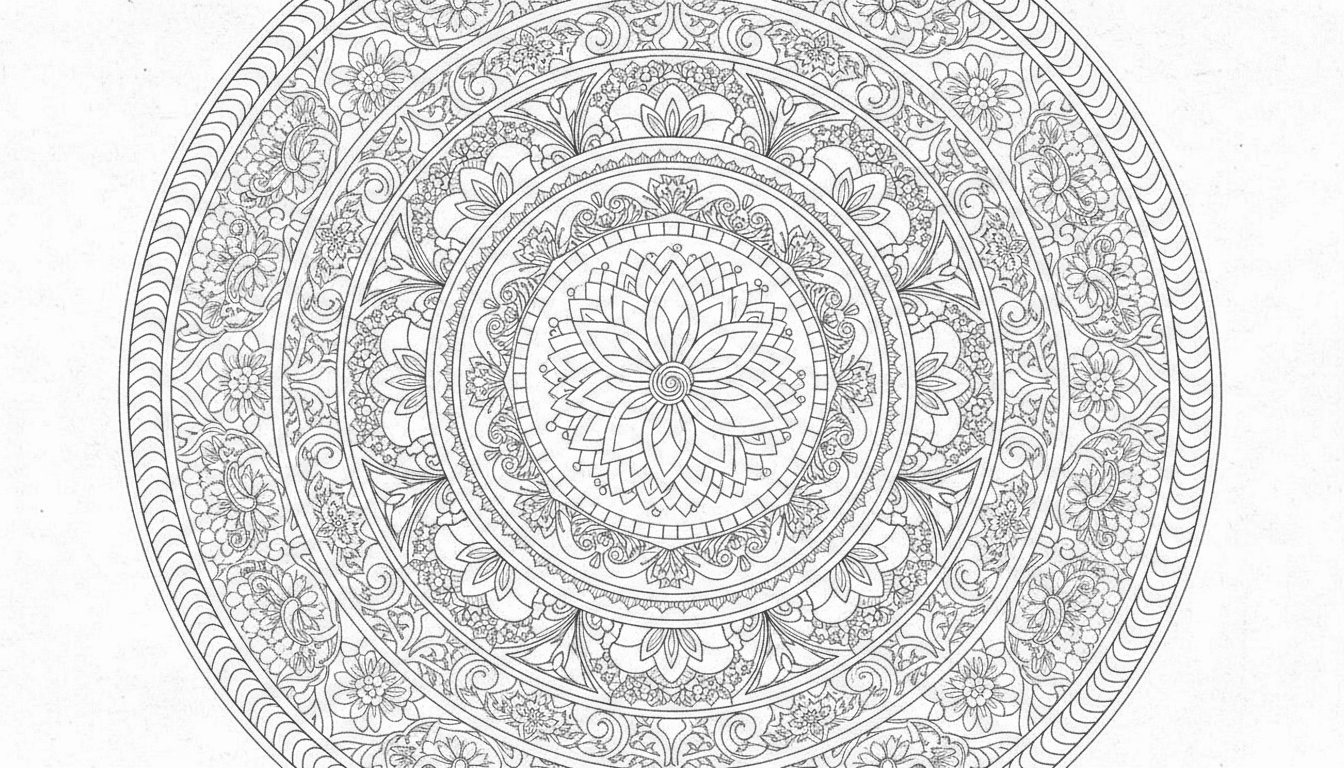 휴식을 위한 복잡하고 대칭적인 원형 만다라 패턴 색칠도안.