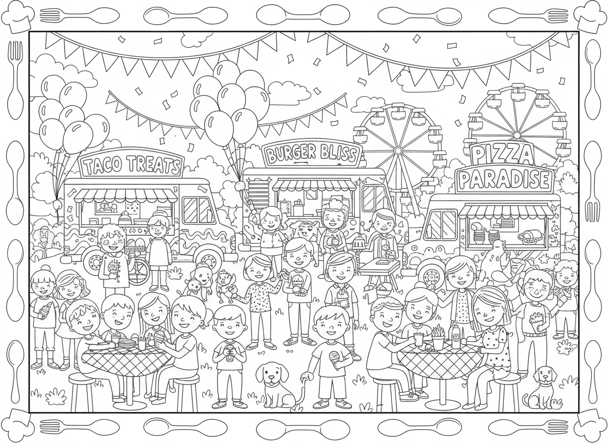 다양한 푸드 트럭과 사람들이 있는 활기찬 푸드 트럭 축제 색칠도안.
