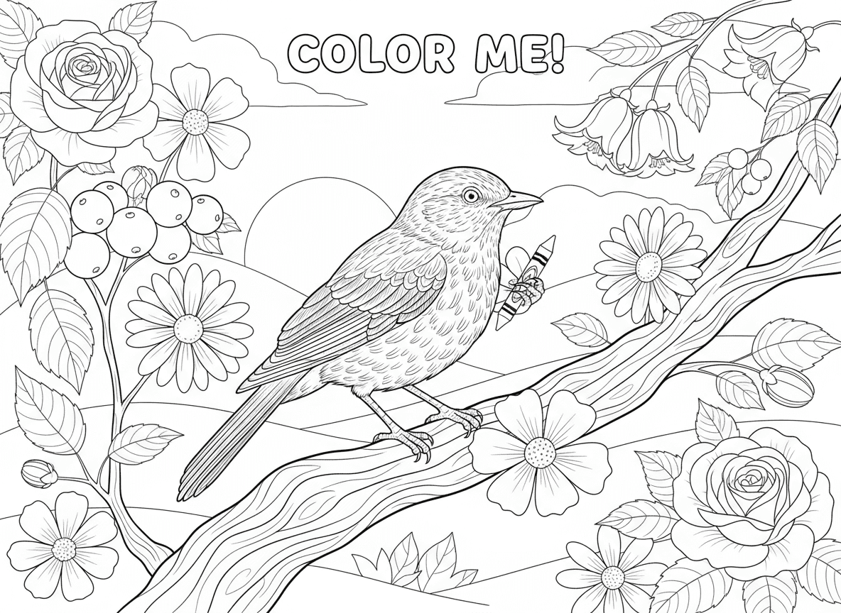 꽃과 열매가 있는 나뭇가지 위의 새를 사실적으로 묘사한 선화 색칠도안.