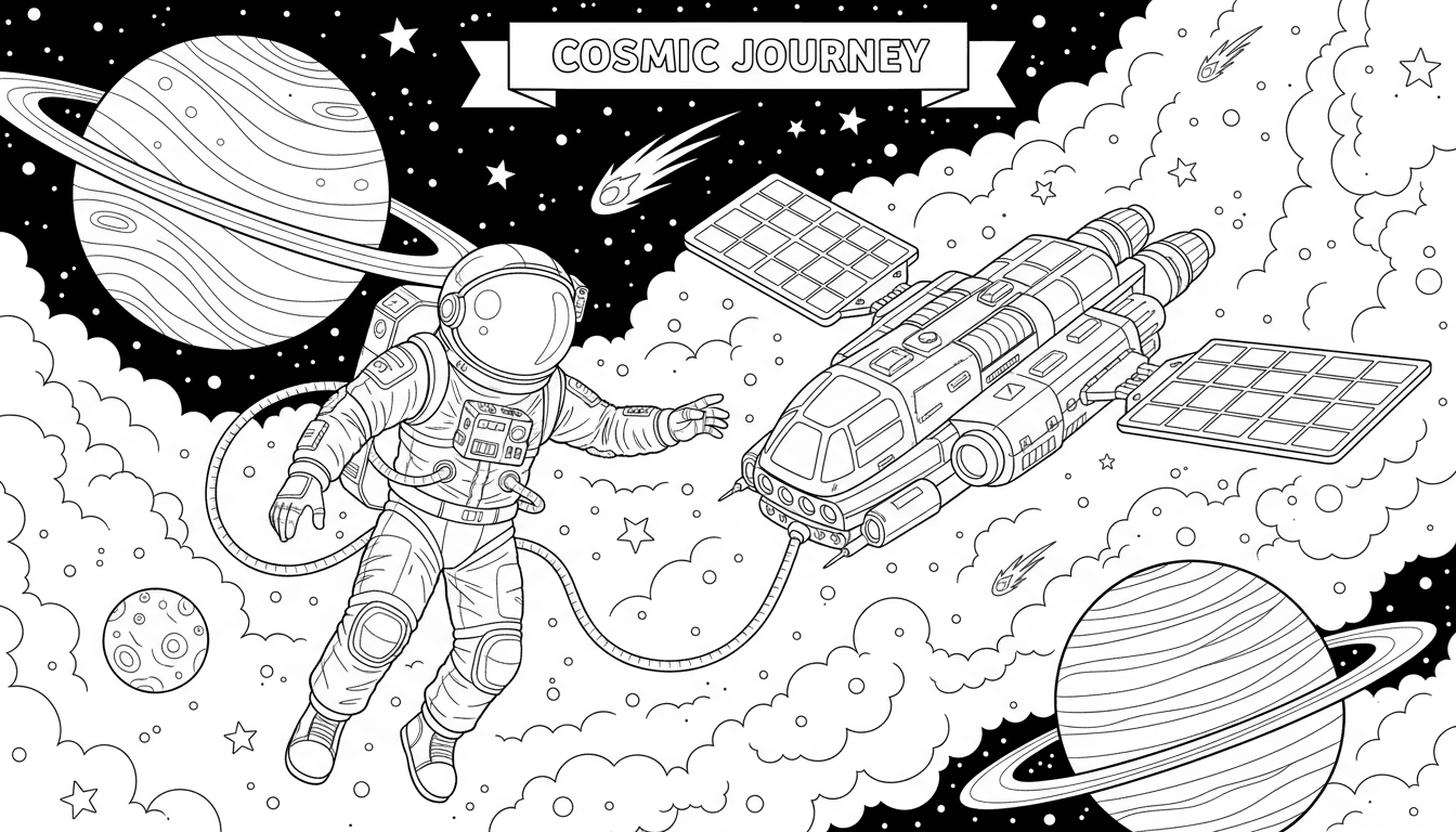 우주선과 행성 옆에 떠 있는 우주비행사의 공상과학 색칠도안.