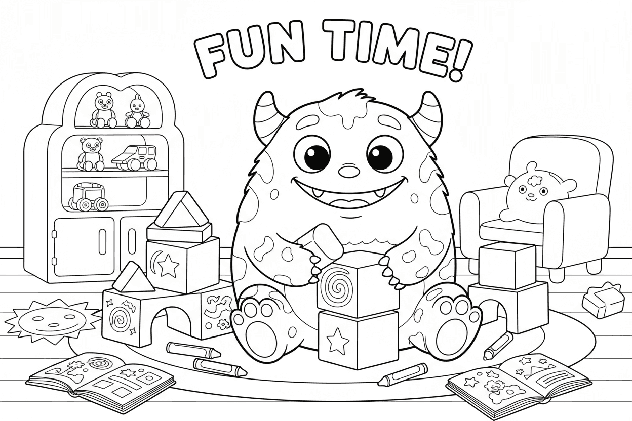 블록을 가지고 노는 친근한 괴물의 단순한 만화 스타일 색칠도안.