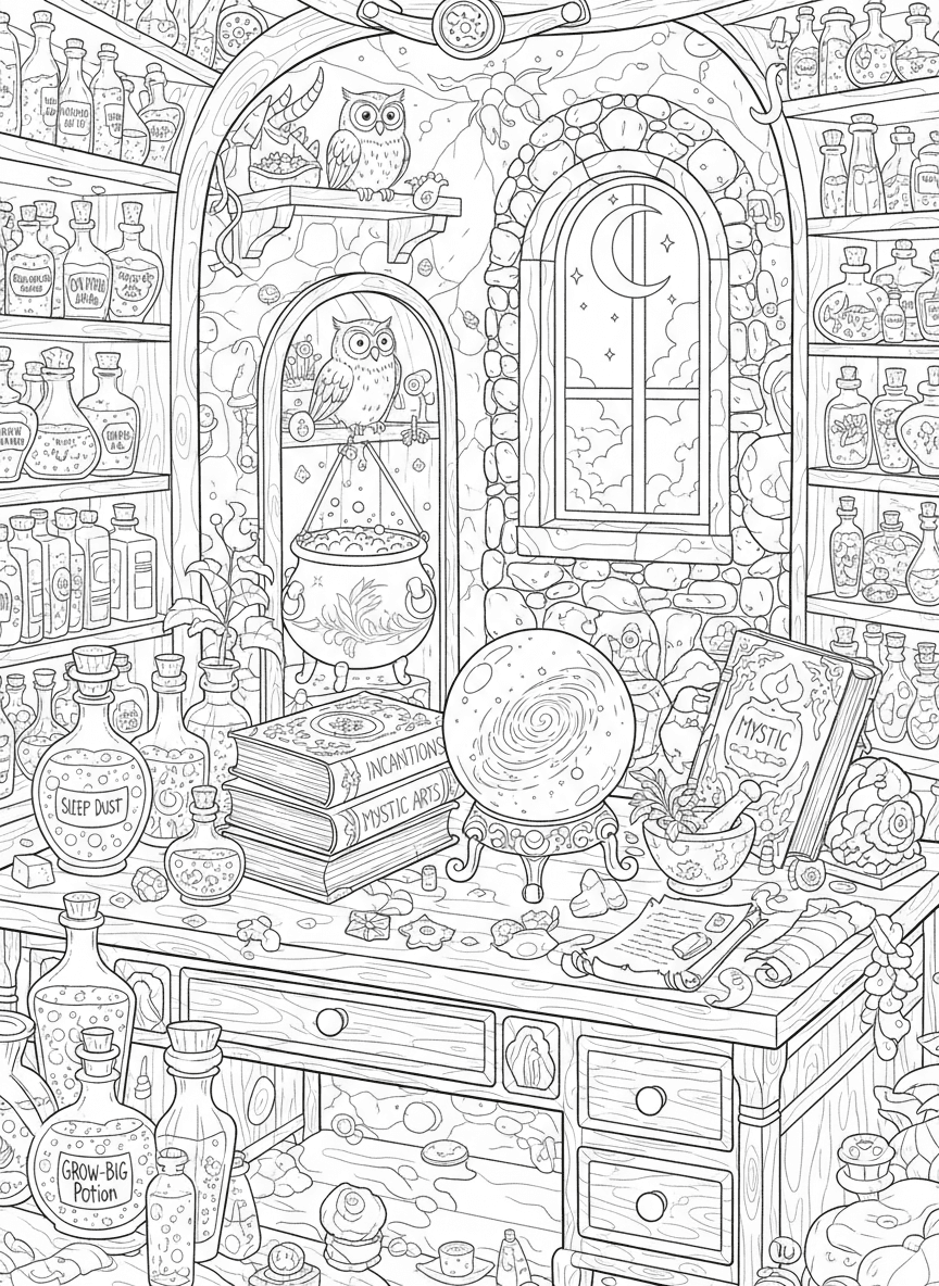 물약과 마법책이 있는 마법사 실험실의 섬세한 색칠도안.