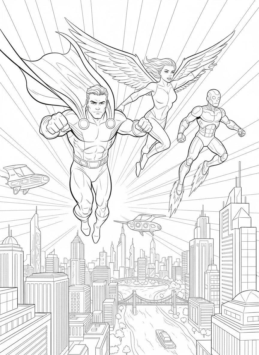 도시 상공을 나는 슈퍼히어로들의 역동적인 액션 색칠도안.