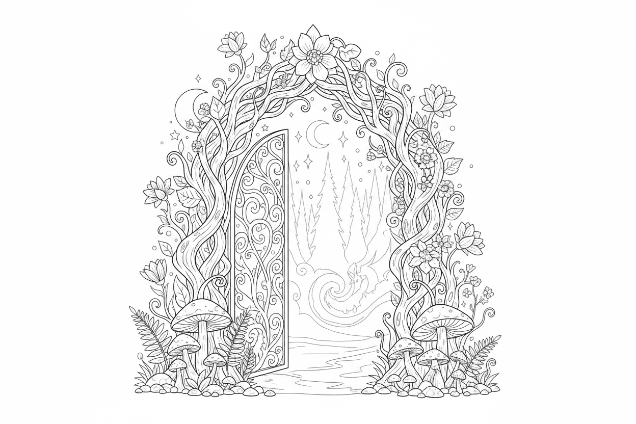 덩굴과 열린 아치형 통로가 있는 마법에 걸린 숲 문 색칠도안.